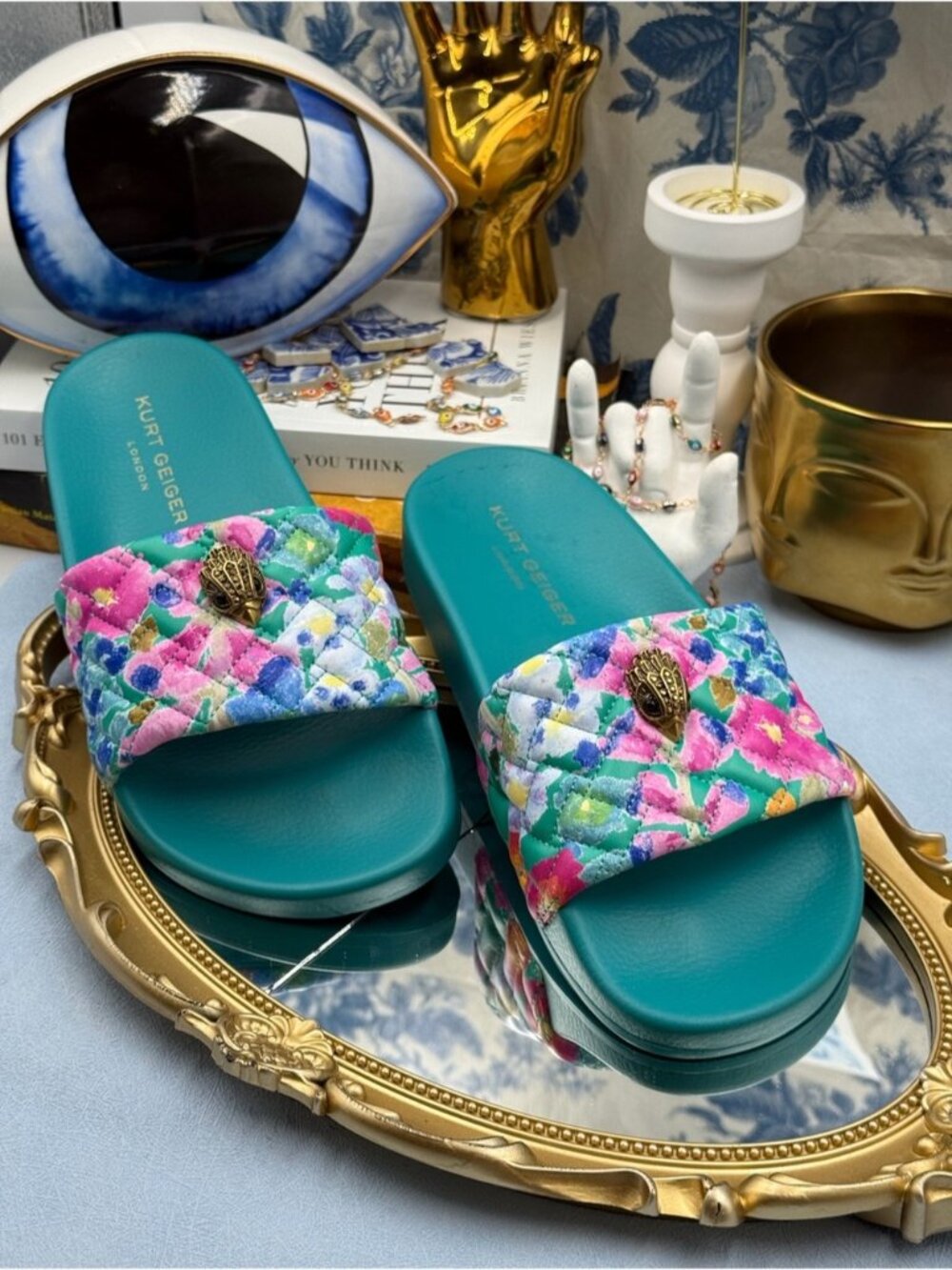 🆕 KURT GEIGER LONDON 🧿 NWOB Meena Eagle Green Floral Print Slides